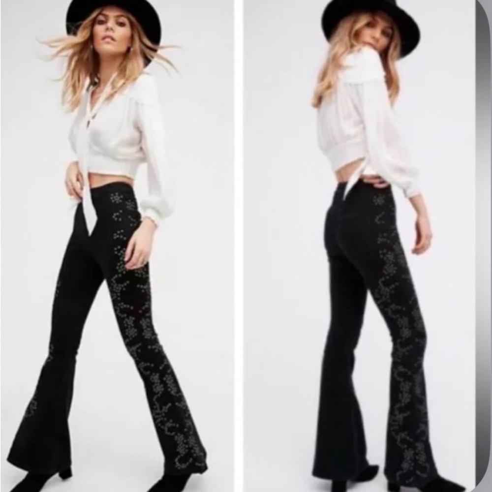 Free People Black Studded Flare Pants Size 25 - Picture 2 of 8